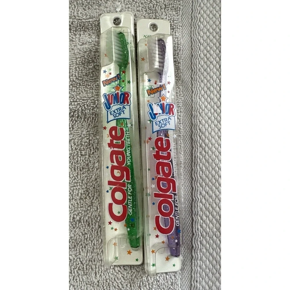2 Vintage 90's Colgate Junior Extra Soft Toothbrushes Green And Purple